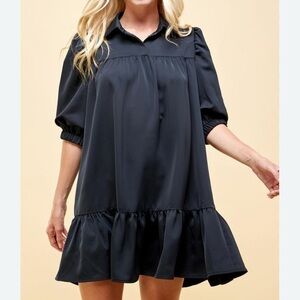Pinch Black Mini Dress with Puff Sleeves and Polo Collar